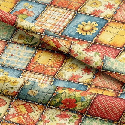 Sunny Garden Patchwork Cotton Fabric Panel 61 x 36.6 Inches, Floral Rustic Quilt Print, Multicolor Yellow Blue Red Tones, 100% Cotton 140 GSM