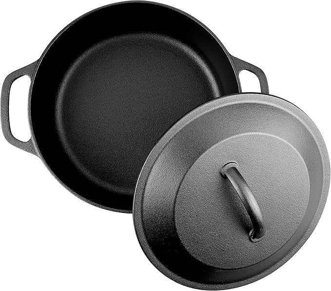 VORRINGARD Pre-Seasoned Cast Iron Dutch Oven with Lid, Round and Dual Handles, for Stovetop, Camping, Grill, Induction, Electric, Black, 4.5qt