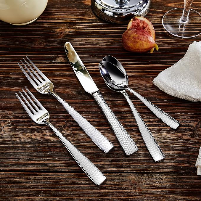 KEAWELL Premium 20/45/65 Piece Louis Hammered Silverware Set with Squared Edge, 18/10 Stainless Steel, Service for 4/8/12, Fine Flatware Set, Dishwasher Safe (20)