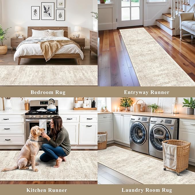 Runner Rug 2x10 Washable Non-Slip Hallway: Vintage Boho Carpet with Rubber Backing for Kitchen Entryway Hall Holiday Farmhouse Neutral Cream Long Runners (Cream/Beige,2'x10')