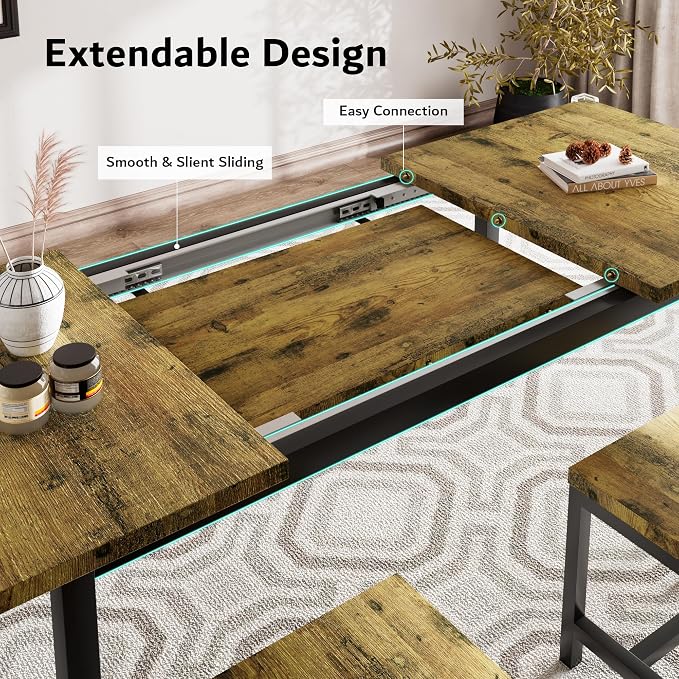 iPormis 7-Piece Dining Table Set with 6 Stools, 63" Extendable Kitchen Table Set for 4-8, Modern Dining Room Table with Sturdy Metal Frame, Space-Saving Dinette, Rustic Brown