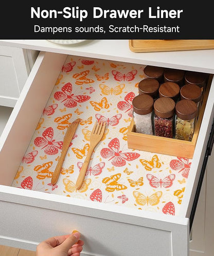 Reusable Non-Adhesive Drawer and Shelf Liner for Kitchen Cabinets - Waterproof Shelf Paper, Easy to Cut and Install - Suitable for Cabinets, Drawers, Shelves, and Desks(Red Butterfly, 23.6"W x 236"L)