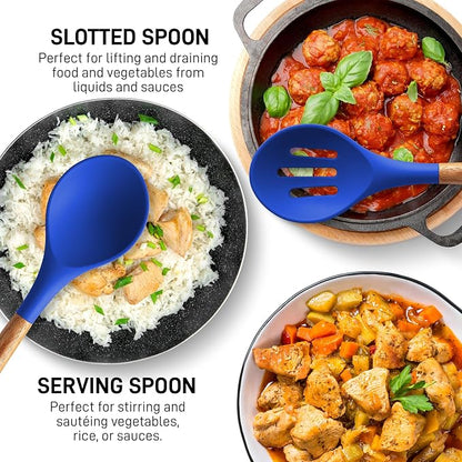 Zulay Kitchen Non-Stick Silicone Cooking Utensils Set with Acacia Wood Handles - 5 Piece Set - Heat Resistant to 464F - Dark Blue