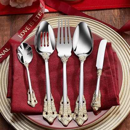 KEAWELL Gorgeous 5-Piece 18/10 Stainless Steel Hostess Serving Utensil Set, Dishwasher Safe (Gold Accent)