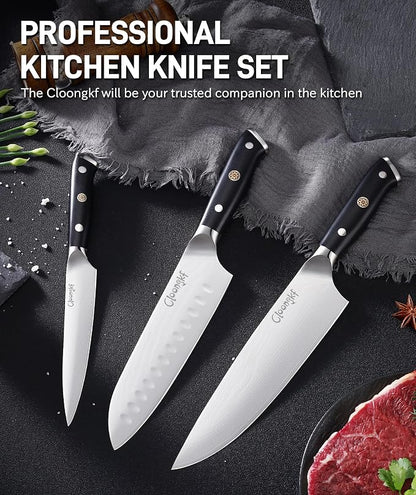 3-Piece Damascus Kitchen Chef Knife Set- 8" Chef Knife, 7" Santoku, 5.5" Utility Knife Japanese High Carbon Stainless Steel with G10 Handle Gift Box Cutting Tools for Meat, Vegetables