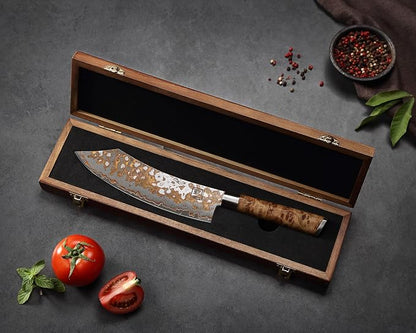 zayiko 7.9 Inch Damascus Carving Knife, VG10 Core, Meat Slicing Knife for Brisket, BBQ, Roast & Turkey, 67-Layer Copper Damascus Steel, 60 HRC, Maple Root Wood Handle, Wooden Gift Box