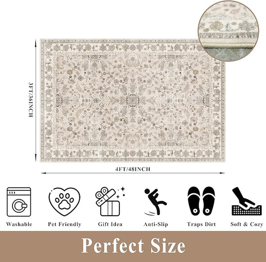 3x4 Entryway Rug Washable Non-Slip–Boho Floral Stain-Resistant Small Area Rug for Kitchen Bedroom Bathroom – Soft Low-Pile Thin Indoor Door Mat (Beige,3x4)