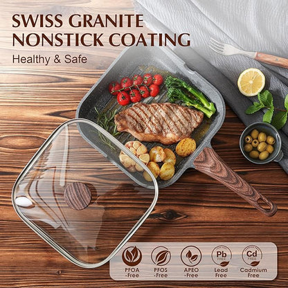 SENSARTE Nonstick Grill Pan with Lid, Grill Pan for Stove Tops, Versatile Griddle with Pour Spouts, Square Big Cooking Surface, Durable Skillet Indoor & Outdoor Grilling. PFOA Free, 9.5 Inch