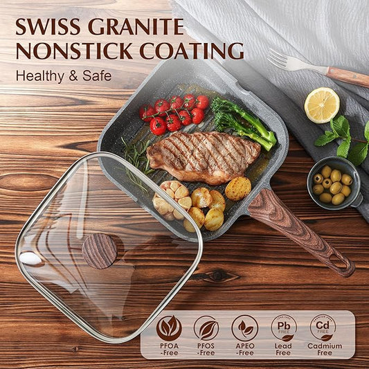 SENSARTE Nonstick Grill Pan with Lid, Grill Pan for Stove Tops, Versatile Griddle with Pour Spouts, Square Big Cooking Surface, Durable Skillet Indoor & Outdoor Grilling. PFOA Free, 9.5 Inch