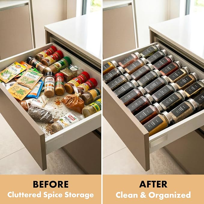 EDELHAUS Glass Spice Jars with Label and Stainless Steel Lids (24 x 4oz) Spice Containers with 240 Labels, Shaker Inserts, Steel Funnel, Empty Square Seasoning Organizer for Spice Rack Cabinet Drawer