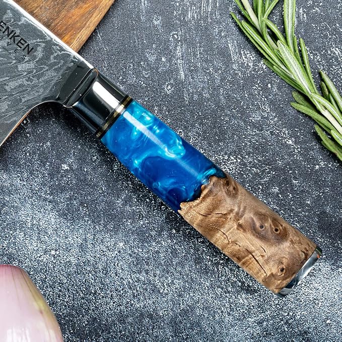 SENKEN Damascus Steel Chef's Knife - Tsunami Collection - 67-Layer Japanese VG10 Steel Core - Unique Blue Resin & Natural Wood Handle, Razor Sharp, Beautiful Damascus Wave Pattern (8" Chef's Knife)