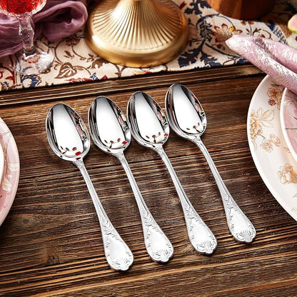 KEAWELL Premium Regalia 4-Piece Spoon Set 7.3-Inch – Ornate 18/10 Stainless Steel Silverware with European Luxury Handles, Dishwasher Safe for Elegant Dining (Silver, Dinner Spoons)