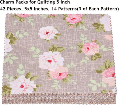 Nodsaw Charm Packs for Quilting 5 inch, Vintage Floral Print Cotton Quilting Fabric Squares 5x5, 42 5 inch Charm Squares, Precuts 5x5 Quilt Fabric for Quilting, Patchwork, Crafts, and Home Decor