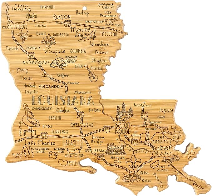 Totally Bamboo Destination Louisiana Shaped Cutting Board – Bamboo Charcuterie and Serving Board with Hang Tie for Wall Display