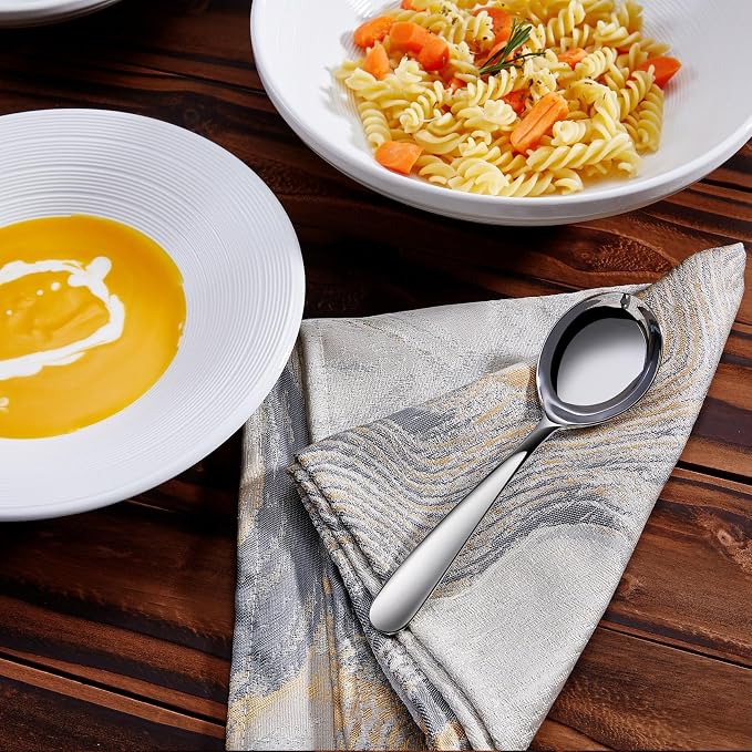 KEAWELL Premium 7.3 Inches Soup Spoons with Hook Handle, Set of 4, 18/10 Stainless Steel, Deep Bowl, Perfect for Ramen, Pho, Miso, Dumplings, Noodles, Wonton, Dishwasher Safe (Round-Handle)