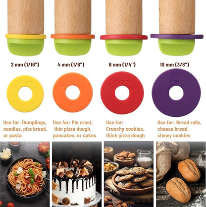 BAMBOO LAND- Adjustable Rolling Pin with Thickness Rings for Baking, 13.8", 4 Colorful Thickness Rings (2-10 mm or 1/16"-3/8"), Wood Rolling Pins for Baking, Bread, Pizza Doughs