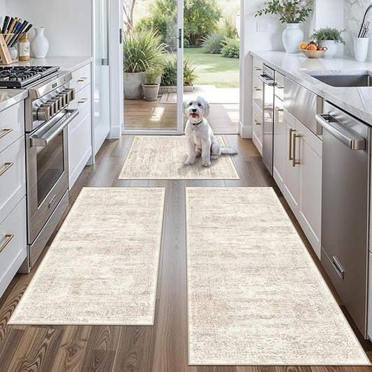 Kitchen Rug Sets 3 Piece Washable – Non Slip Modern Boho Small Kitchen Rugs and Runner Set for Sink Entryway Bathroom Hallway – Soft Low Pile Floor Mats (Cream Beige, 2x3+2x4+2x5)