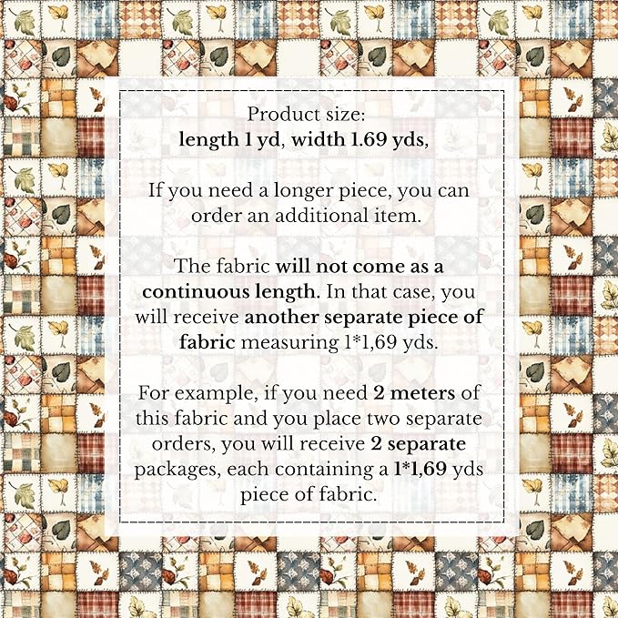 Patchwork Cotton Fabric Panel 61 x 36.6 Inches, Autumn Leaves Quilt Style Pattern, Rustic Brown Beige Blue Design, 100% Cotton 140 GSM