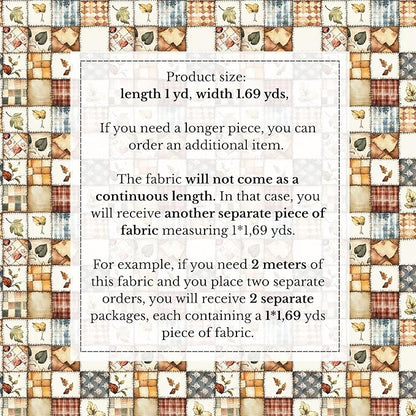 Patchwork Cotton Fabric Panel 61 x 36.6 Inches, Autumn Leaves Quilt Style Pattern, Rustic Brown Beige Blue Design, 100% Cotton 140 GSM