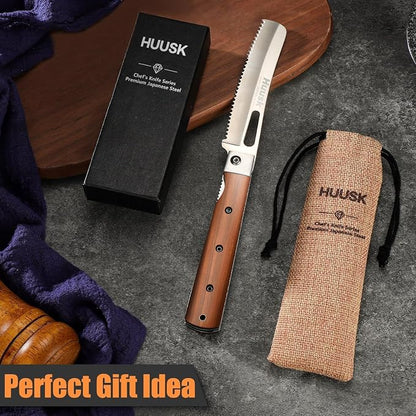 HUUSK Folding Bread Knife for Homemade Bread, Portable Bread Knives with Wide Wavy Edge for Steak, Tomato, Japanese Pocket Knife with 440C Stainless Steel for Cooking, Christmas Gift for Men and Women
