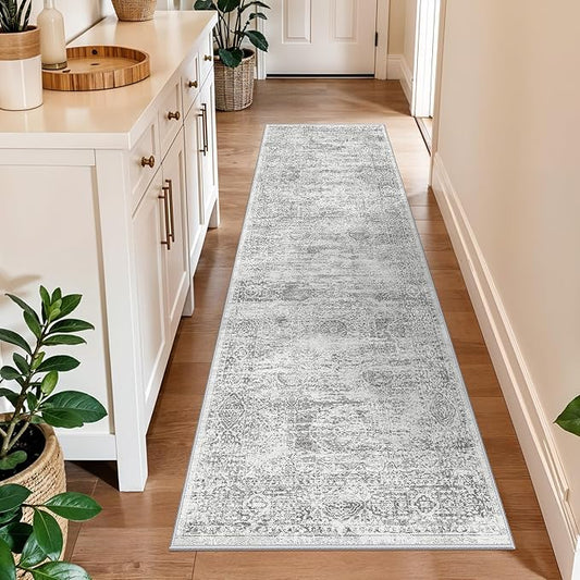 Runner Rug 2x8 Washable Hallway: Non Slip Kitchen Runners with Rubber Backing Vintage Farmhouse Neutral Boho Cream Soft Carpet for Bathroom Bedroom Entryway, Grey/Ivory
