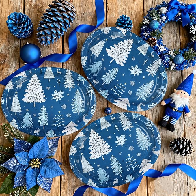 50Pcs Winter Tree Oval Paper Plates 10" x 12" Winter Wonderland Blue Large Heavy Duty Plates Christmas Tree Snowflake Disposable Platters Tableware for Xmas Holiday Party Decorations