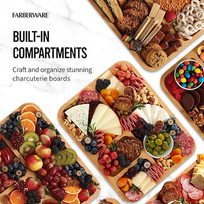 Farberware Build-A-Board Bamboo Cutting Board with Built-in Compartments and Clear Locking Lid with Blue Handles, Perfect for Charcuterie, Snacks, and More