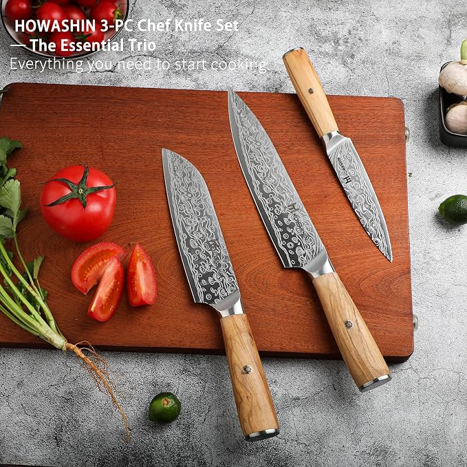 3PCS Chef Knife Set, Sharp High Carbon Stainless Steel Forged Blade Professional Kitchen Knives Set with Ergonomic Olive Wood Handle,Damascus Knives Set for kitchen with Gift Box