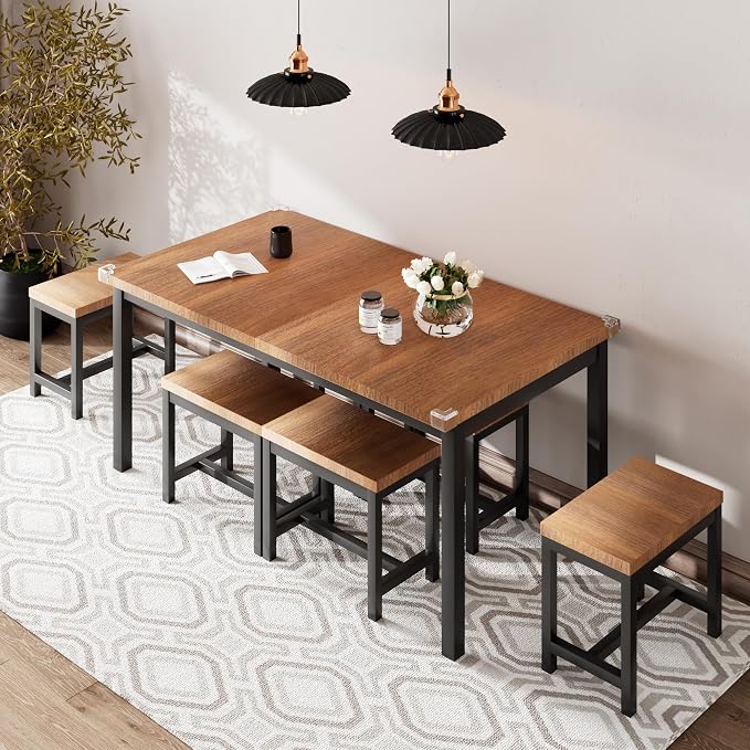 iPormis 7-Piece Dining Table Set with 6 Stools, 63" Extendable Kitchen Table Set for 4-8, Modern Dining Room Table with Sturdy Metal Frame, Space-Saving Dinette, Walnut