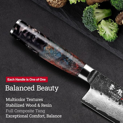 Japanese Chef Knife with VG10 Core, 7'' Razor Sharp Hand Forged Damascus Santoku Knife for Home & Professional Chefs, Kitchen Knives with Leather Sheath & Gift Box, Fathers Day Gift for Dad Husband