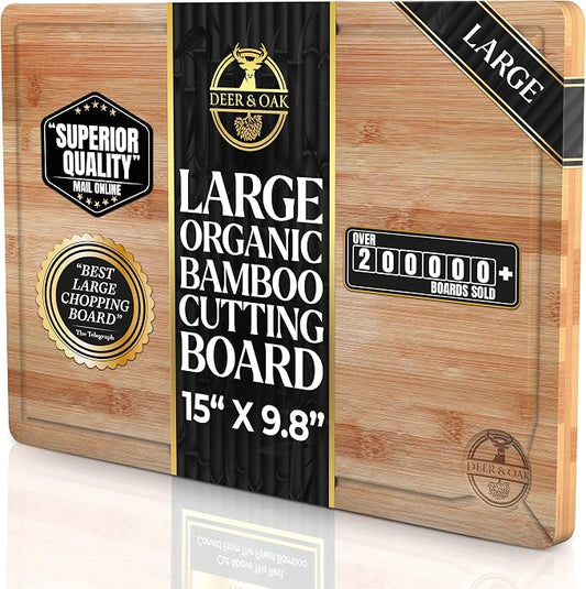 Deer & Oak Large Bamboo Chopping Board 15" x 9.8" x 0.8", Premium Wooden Kitchen Cutting Board for Meat & Vegetables, Pre-Oiled, Water Resistant, Knife-Friendly