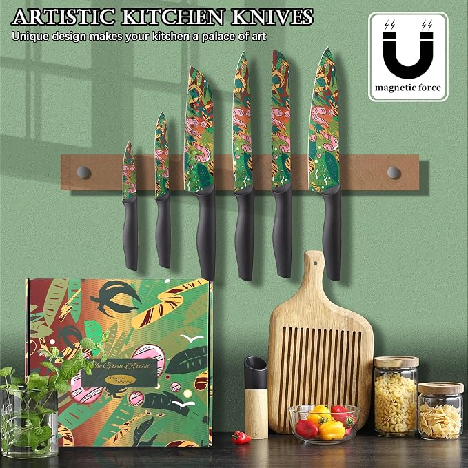 Marco Almond Knife Set Artistic Designed Pattern Kitchen Knife 6 Stainless Steel Kitchen Knives w 6 Blade Guards, Dishwasher Safe Knives for Family Kitchen Knives Set for Chefs