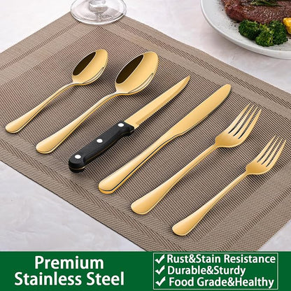 24-Piece Gold Silverware Set with Steak Knives,Golden Flatware Sets Service For 4 Person For Home,Party,Restaurant,Durable Cutlery Sets,Includes Knife Spoon and Forks Sets