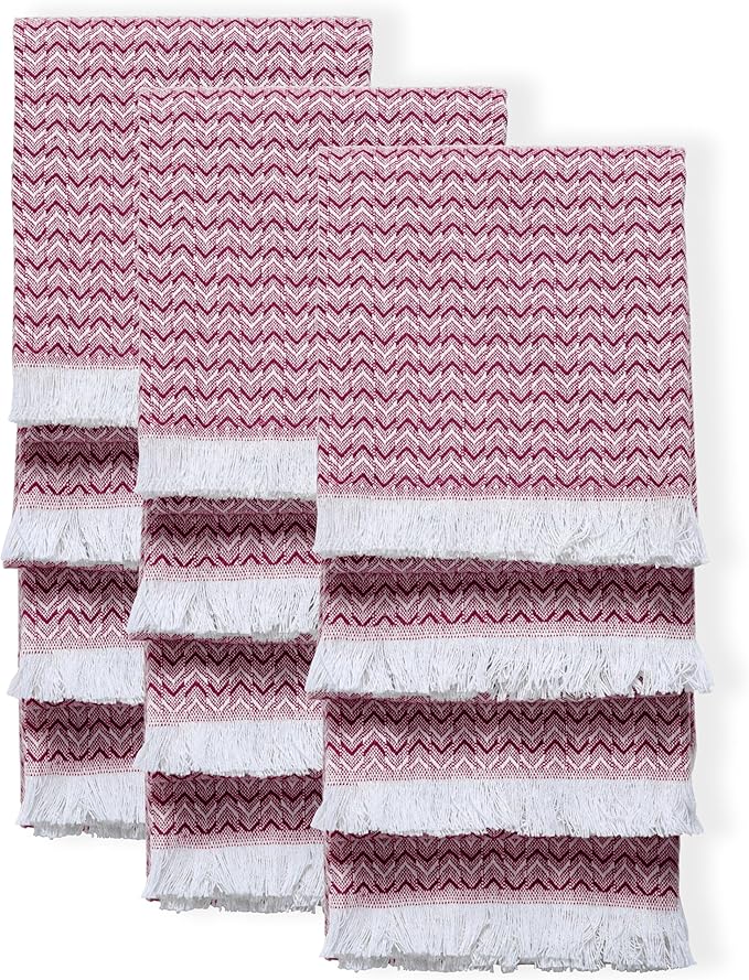 TWINY threads Dish Towel Chevron Pattern, Premium 100% Cotton Kitchen Linen Set, Large Wash Rags for Drying Dishes, Absorbent Quick Drying, Reusable, 12 Pack, 16"x26", Burgundy Wine