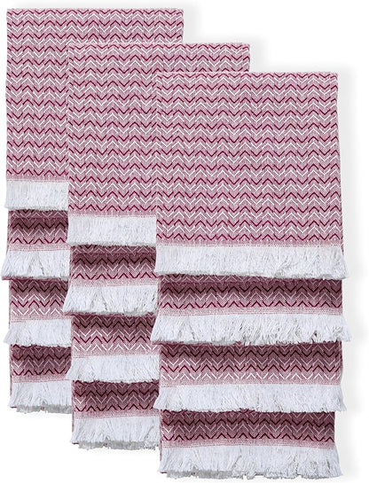 TWINY threads Dish Towel Chevron Pattern, Premium 100% Cotton Kitchen Linen Set, Large Wash Rags for Drying Dishes, Absorbent Quick Drying, Reusable, 12 Pack, 16"x26", Burgundy Wine