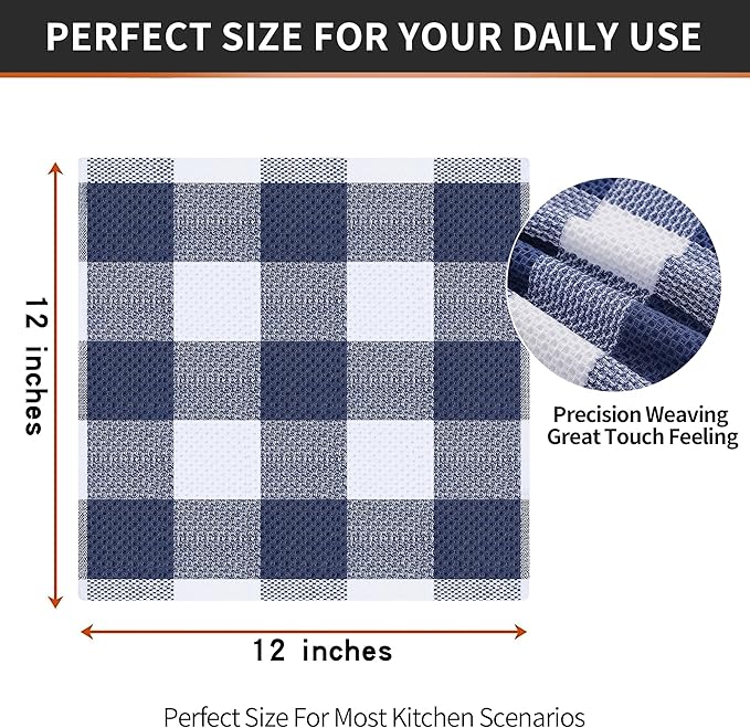 Homaxy 100% Cotton Waffle Weave Check Plaid Dish Cloths, 12 x 12 Inches, Super Soft and Absorbent Dish Towels Quick Drying Dish Rags, 6-Pack, White & Navy Blue