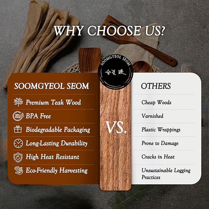 SOOMGYEOL SEOM 7-Piece Teak Wood Cooking Utensil Set with Holder | Wooden Spoons and Spatulas, Nonstick Safe, Heat Resistant, Kitchen Tools
