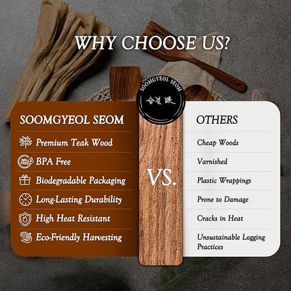 SOOMGYEOL SEOM 11-Piece Teak Wood Cooking Utensil Set with Holder | Wooden Spoons and Spatulas, Kitchen Countertop Organizer, Nonstick Safe Tools