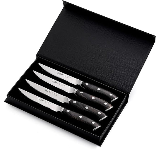 JoyJolt 4pc Steak Knives Set of 4. High Carbon, x50 German Steel Kitchen Knife Set, Magnetic Gift Boxed