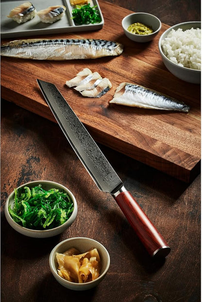 Hammer Stahl 10 Inch Damascus Slicer | Meat Cutting & BBQ Knife With Rosewood Handle | Carving Japanese Forged 67-Layer AUS10 Steel | Full-Tang Japanese Style Slicing With Gift Box