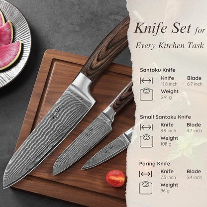 Wakoli EDIB 3-Piece Damascus Kitchen Knife Set in Wooden Gift Box, Razor Sharp Genuine Damascus Steel (VG10 Core), Includes Santoku, Small Santoku and Paring Knife, Ergonomic Pakkawood Handle