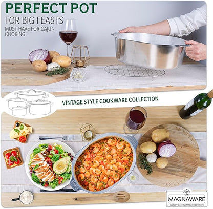 MAGNAWARE Cast Aluminum Oval Dutch Oven with Lid — 8 QT Heavy Duty Roaster Pan with Rack & Silicone Cover Dual Handles — Cajun Cookware for Roasting, Baking, Cooking (13" Medium)