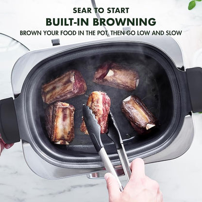 GreenPan Elite 8-in-1 Programmable 6QT Electric Slow Cooker, Dishwasher Safe Lid & Removable Crock, PFAS-Free Healthy Ceramic Nonstick Multi-Cooker, Sear, Sauté, Brown, Steam Basket, Roast, White