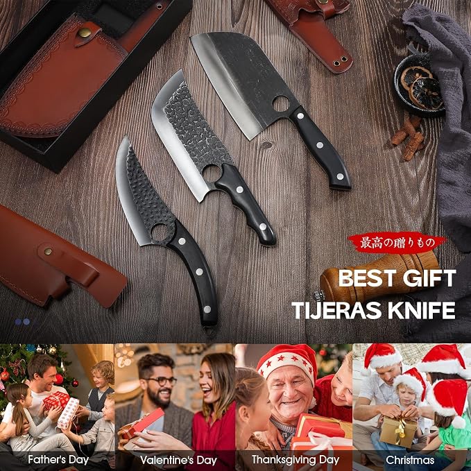 TIJERAS Butcher Knife Set, 3PCS Hand Forged Meat Cleaver, Serbian Chef Knife, Viking Knives with Sheaths, Meat Cutting Chef Knives Set for Kitchen Camping BBQ, Gifts for Men and Women