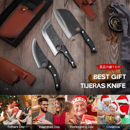 TIJERAS Butcher Knife Set, 3PCS Hand Forged Meat Cleaver, Serbian Chef Knife, Viking Knives with Sheaths, Meat Cutting Chef Knives Set for Kitchen Camping BBQ, Gifts for Men and Women