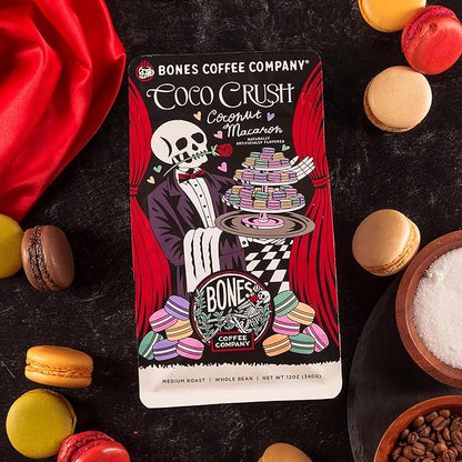 Bones Coffee Company Coco Crush, Coconut Macaron Flavored Coffee, Medium Roast Low Acid Arabica Beans Compatible with Auto drip and French Press Coffee Maker, 12 Oz Whole Bean