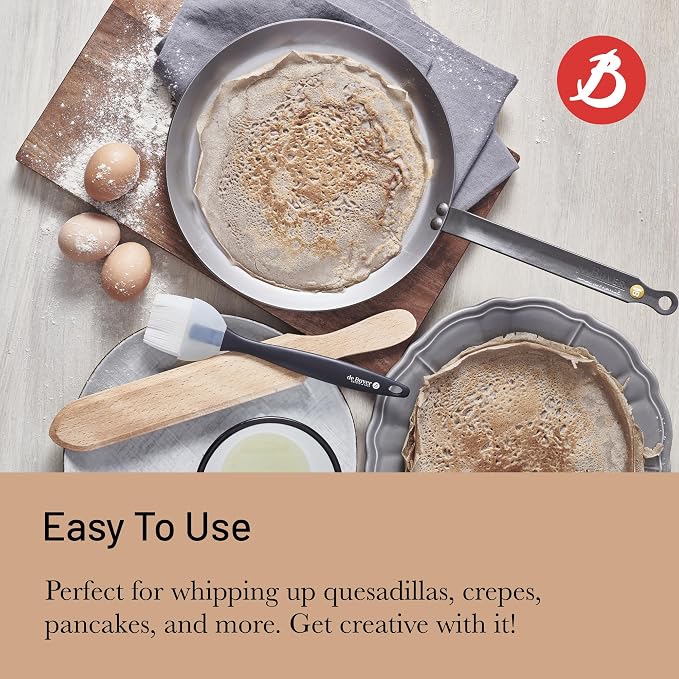 de Buyer MINERAL B Carbon Steel Crepe & Tortilla Pan - 12” Diameter, 10” Cooking Surface - Ideal for Making & Reheating Crepes, Tortillas & Pancakes - Naturally Non-Stick Finish - Made in France