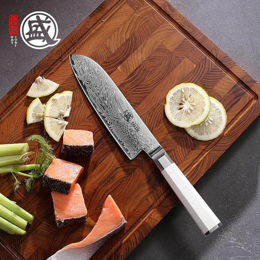 MITSUMOTO SAKARI 7-Inch VG-Pro Damascus Santoku Knife, Hand Forged Professional Japanese Chef Knife, Ergonomic G10 Handle & Sandalwood Box