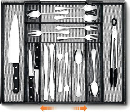 1 Pcs Utensil Drawer Silverware Organizer, Metal Mesh Expandable 13" ~24" Kitchen Drawer Organizer, 7-9 Slots Cutlery Tray Dividers for Kitchen Flatware Christmas Housewarming Gift (Black)