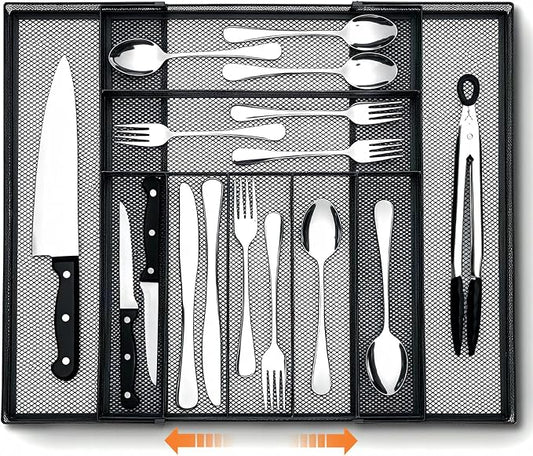 1 Pcs Utensil Drawer Silverware Organizer, Metal Mesh Expandable 13" ~24" Kitchen Drawer Organizer, 7-9 Slots Cutlery Tray Dividers for Kitchen Flatware Christmas Housewarming Gift (Black)